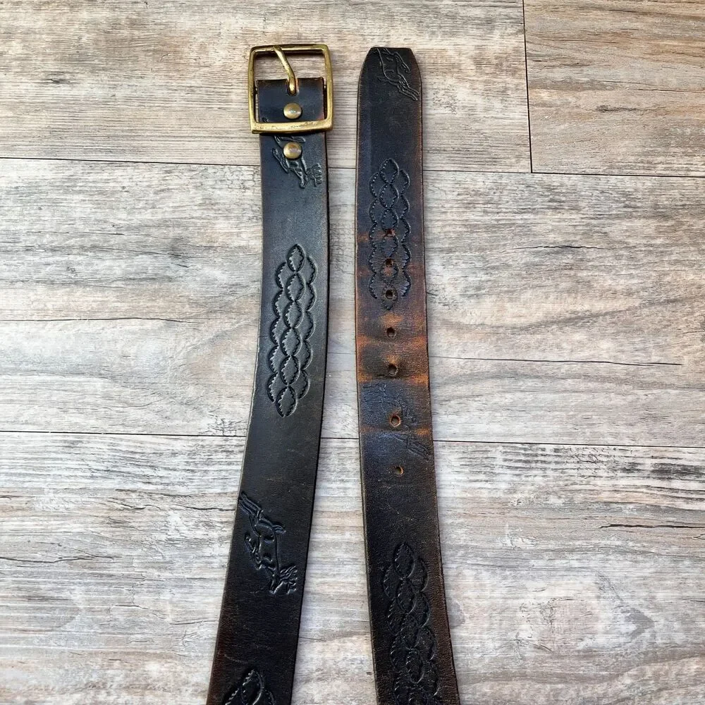 Vintage Leather Belt Deer Motif Tooled Western Dark Brown Size 44 Brass Buckle